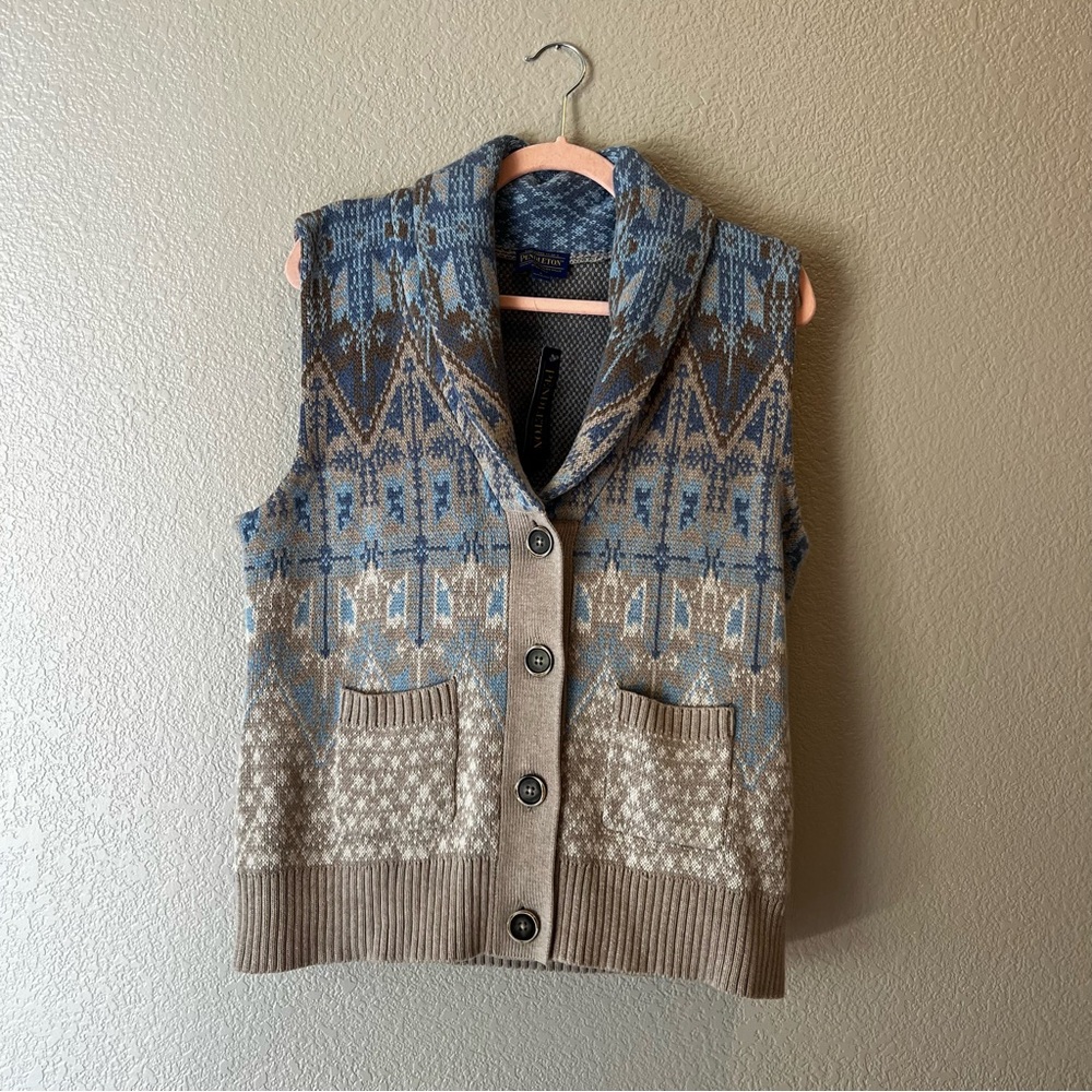 Pendleton Wool Sleeveless Pattern Print Shawl Collar Sweater Vest Size Large NWT